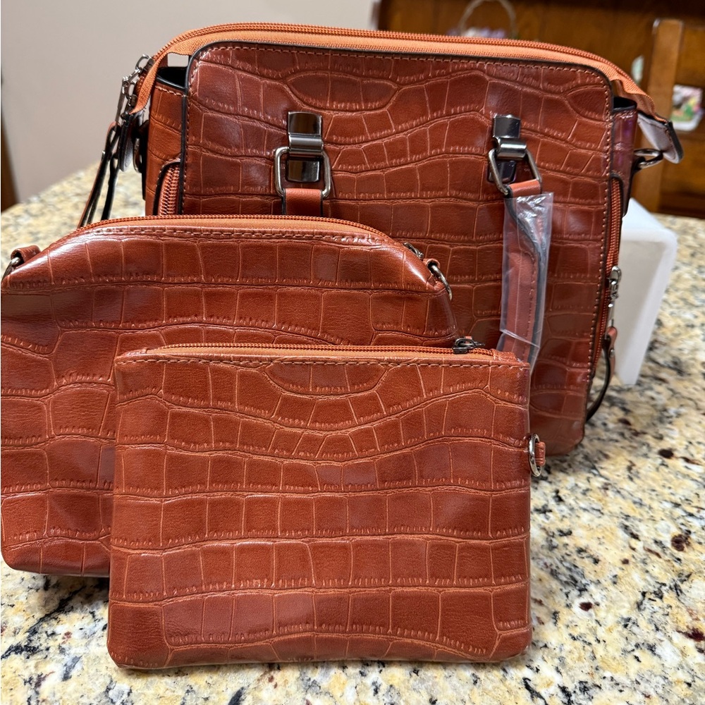 Croc-Embossed Three-Piece Crossbody Set in Brown,